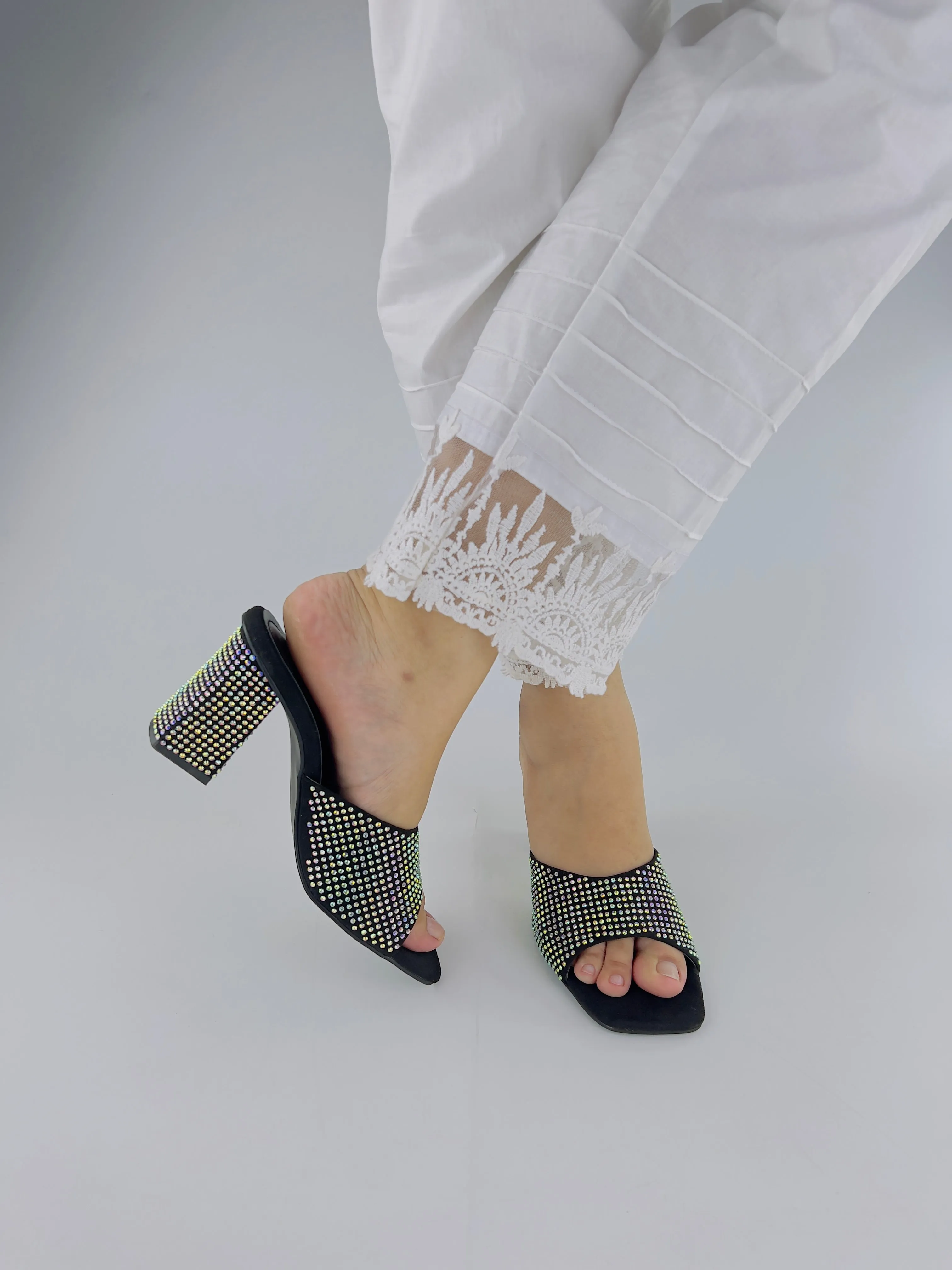 Anja Black Suede Crystal Embellished High Block Heel 0006-Blk