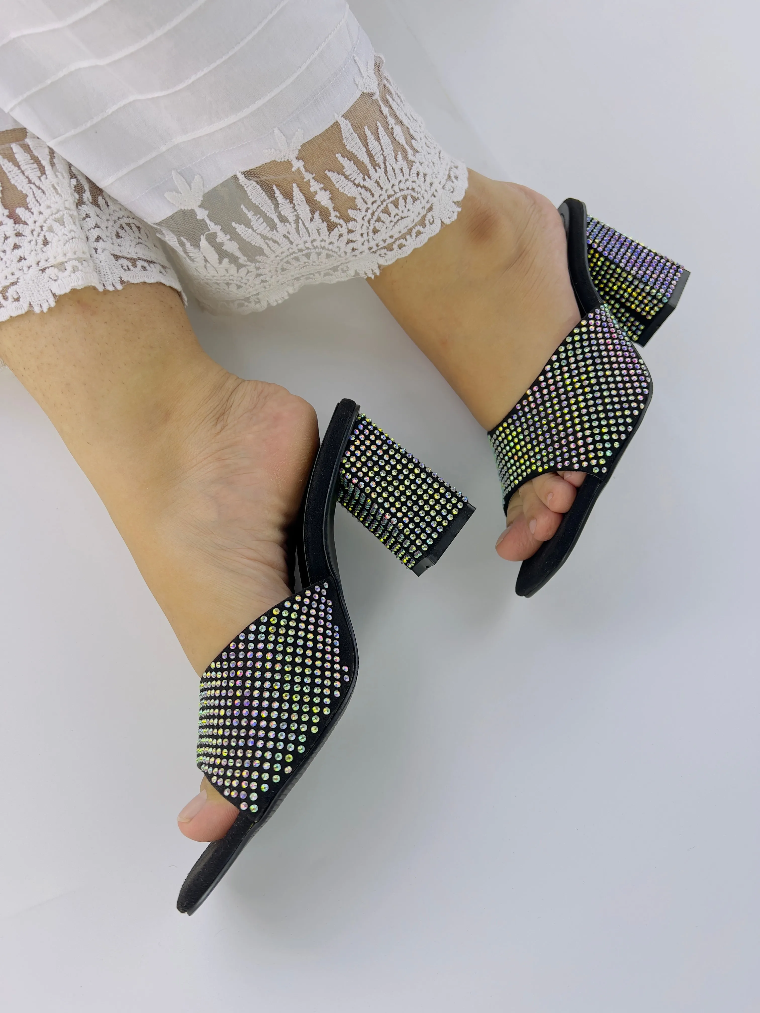 Anja Black Suede Crystal Embellished High Block Heel 0006-Blk