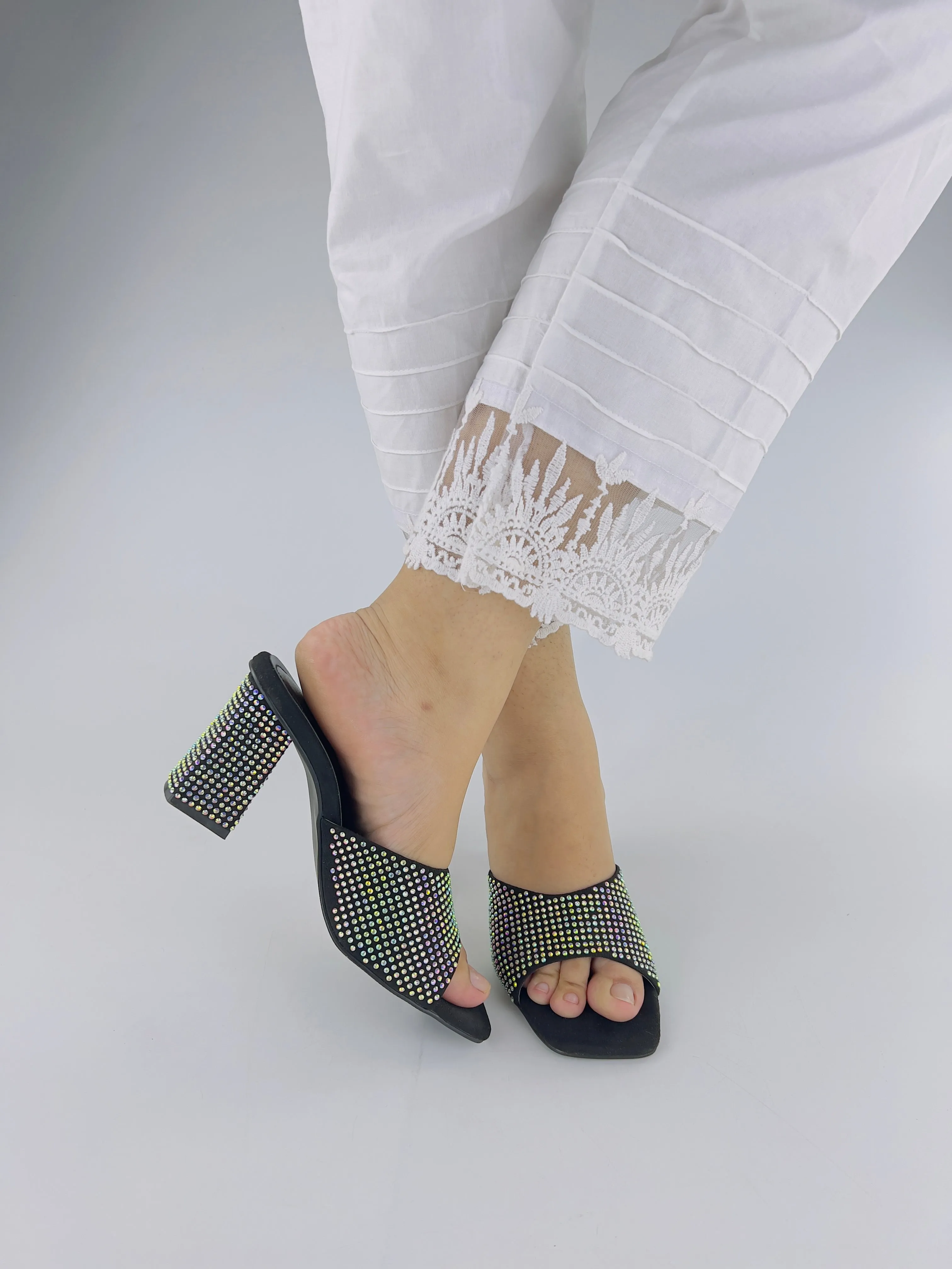 Anja Black Suede Crystal Embellished High Block Heel 0006-Blk