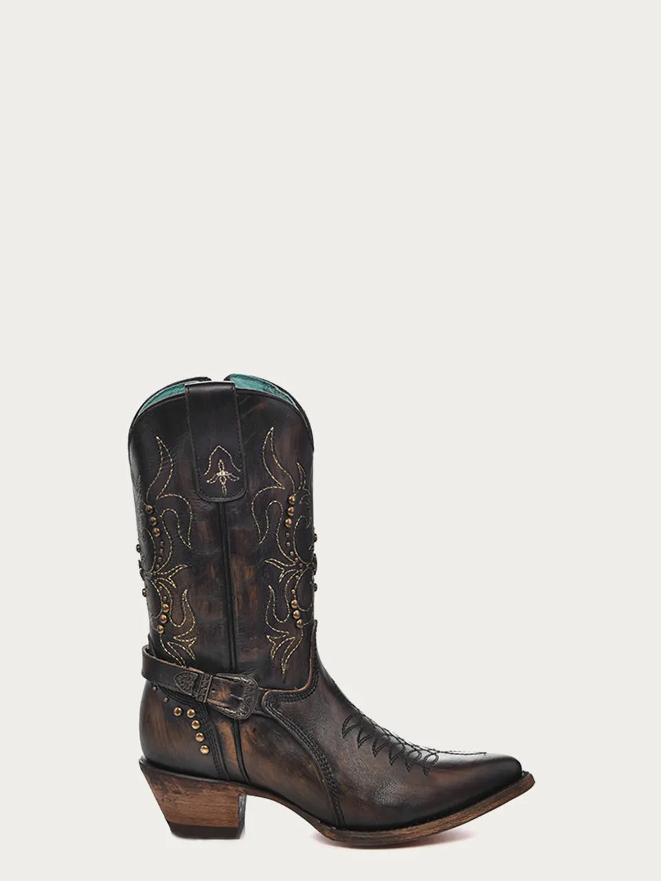 F1347 - EMBROIDERY STRAPS AND STUDS ANKLE BOOT