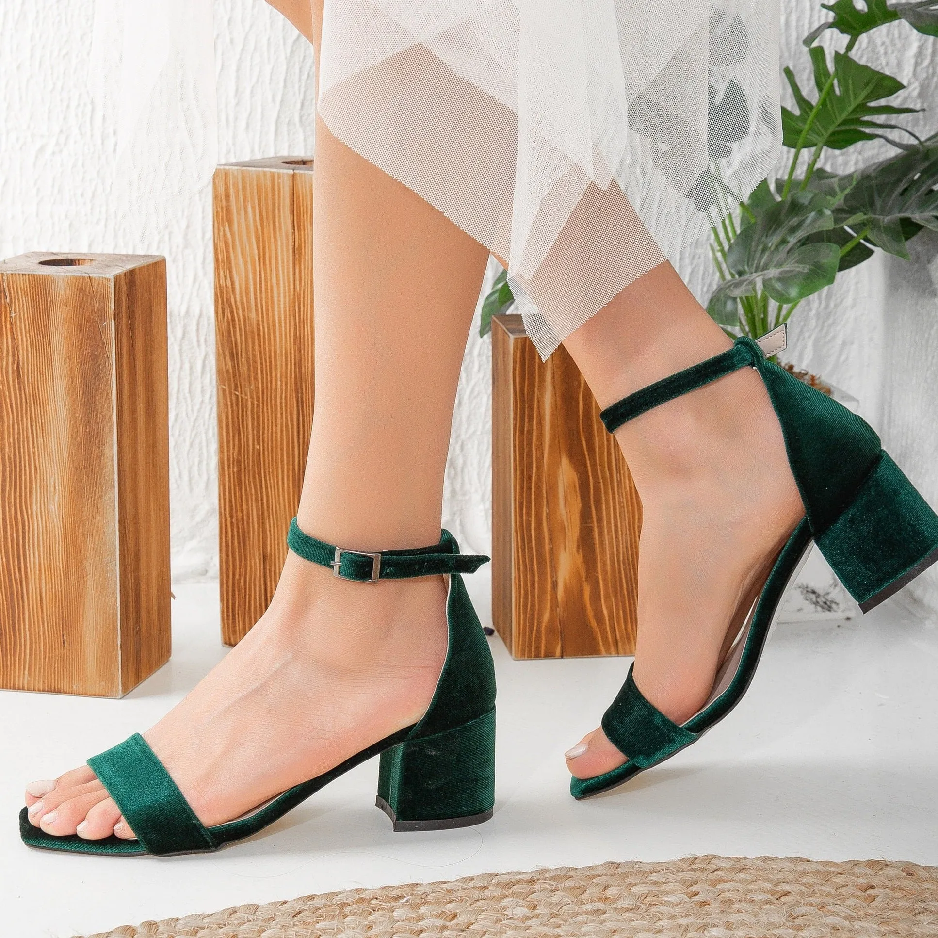 Jess - Green Velvet Sandals