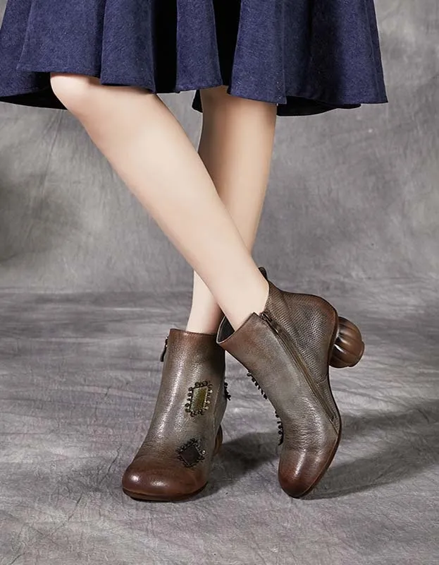 Leather Patch Retro Round Head Chunky Boots