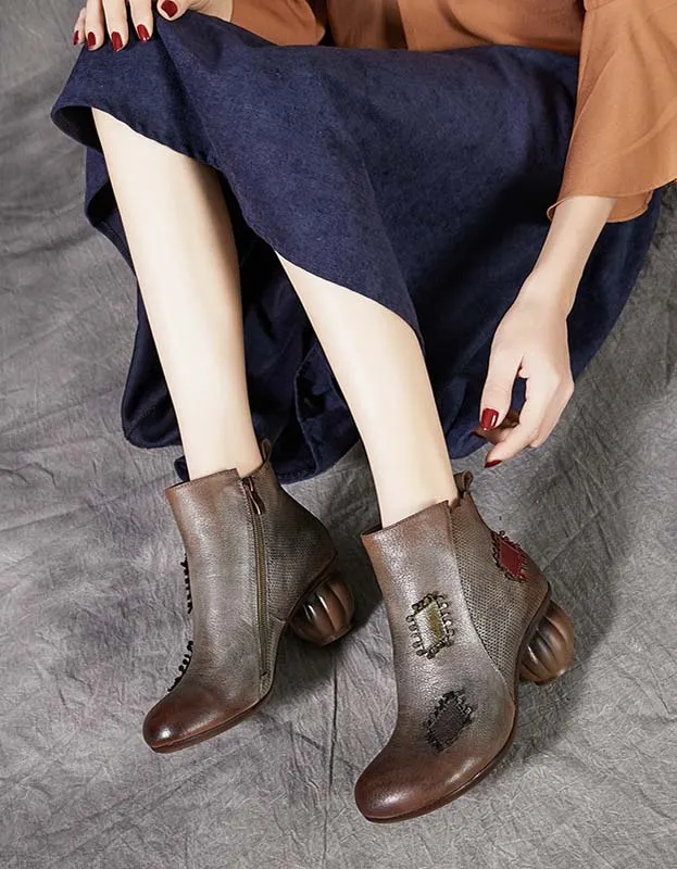 Leather Patch Retro Round Head Chunky Boots