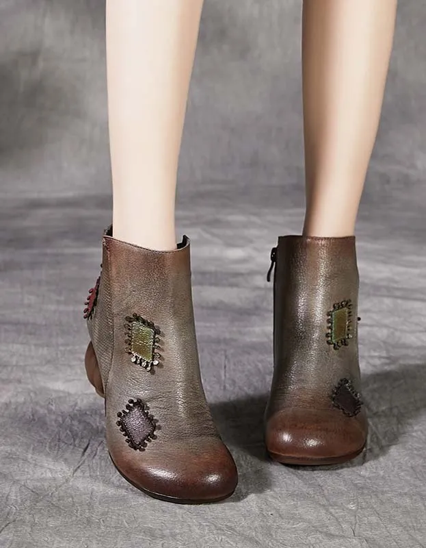Leather Patch Retro Round Head Chunky Boots