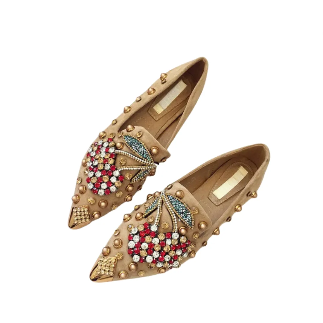 Pre Order:  Rhinestone Cherry Metal Pointed Toe Flat Shoes