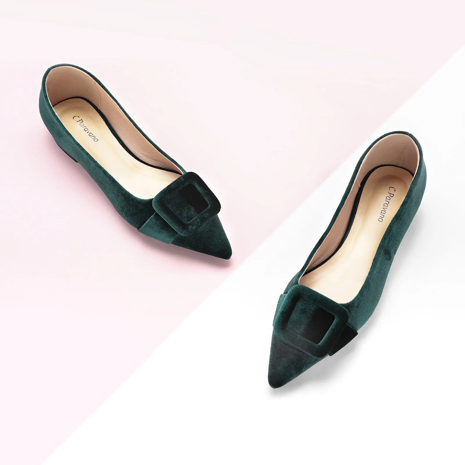 Square Buckle Velvet Flats (Aida) Dark Green