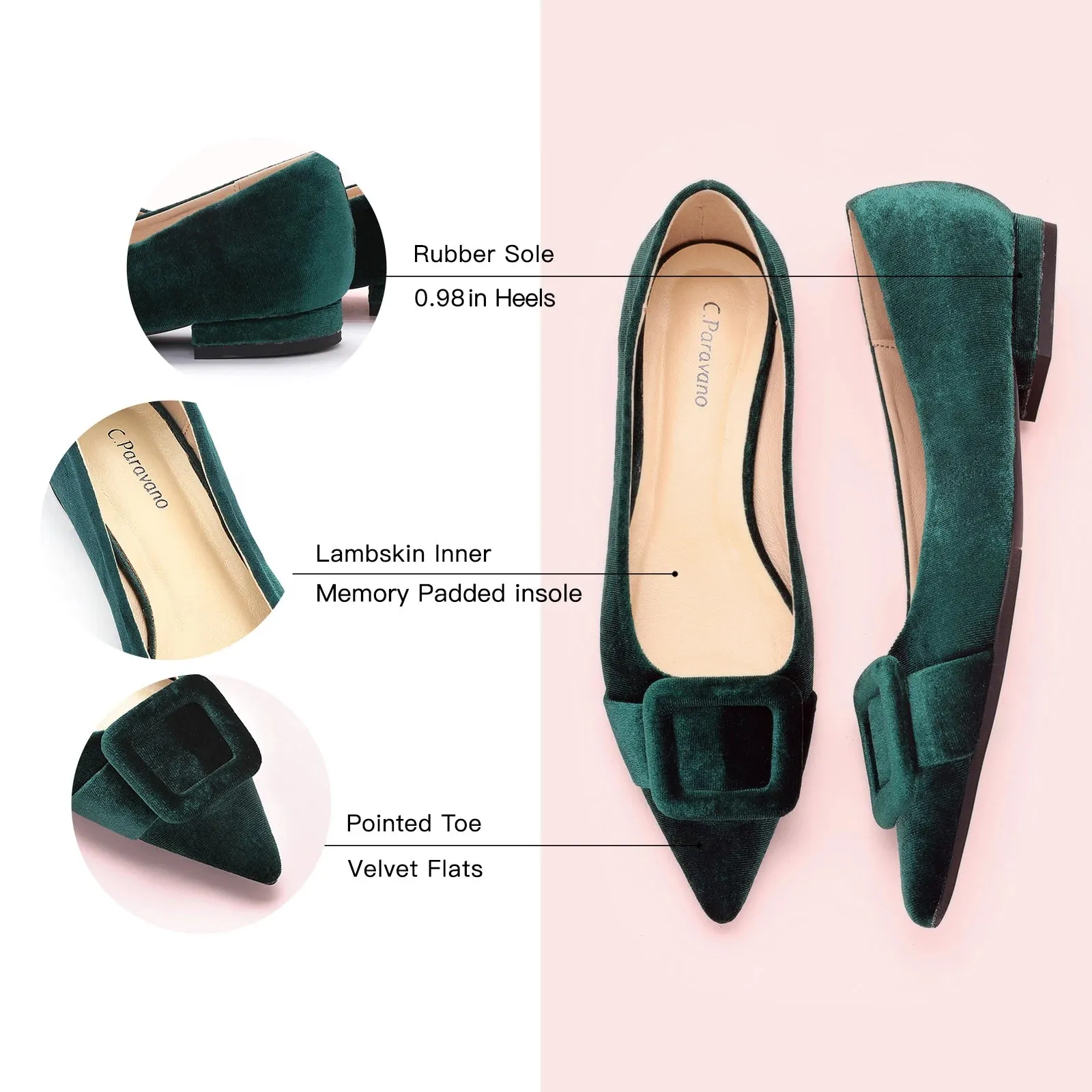 Square Buckle Velvet Flats (Aida) Dark Green