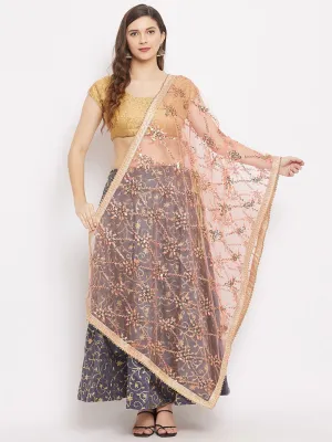 Women Peach Embroidered Net Dupatta With Sequined