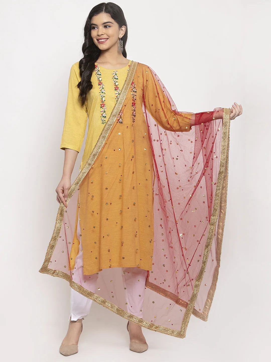 Women'S Red Heavy Gotta Patti Net Dupatta
