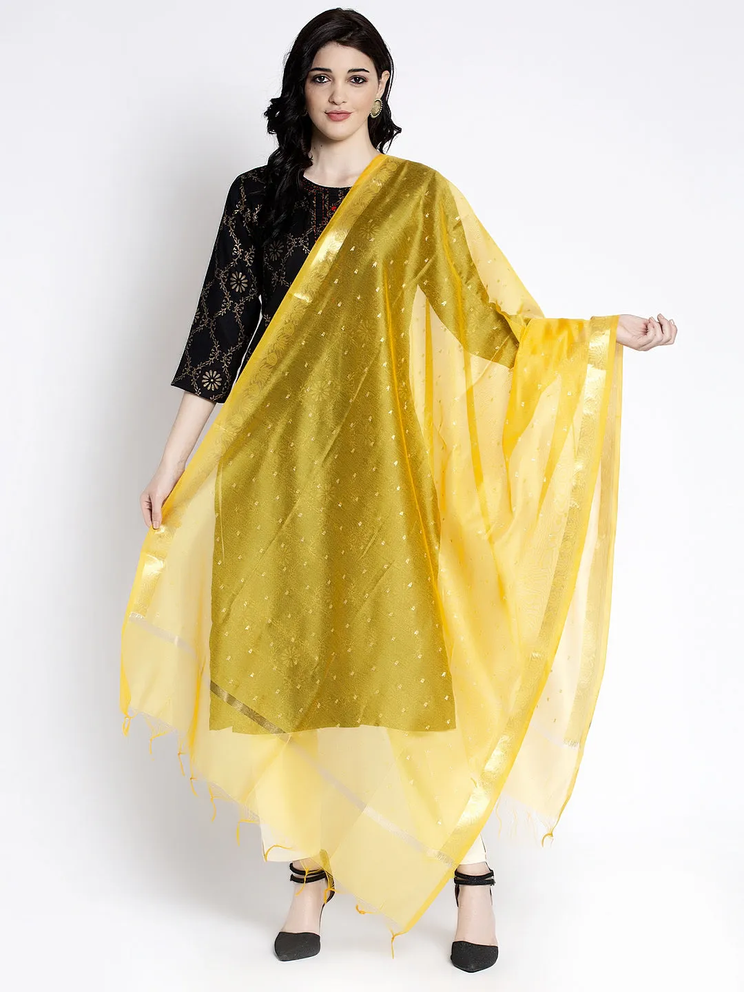 Women'S Yellow Printed Silk Dupatta